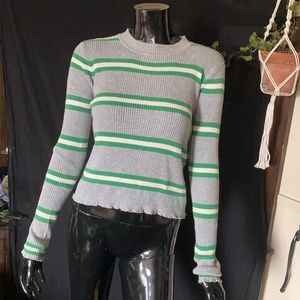 Grey and green striped long sleeve shirt
